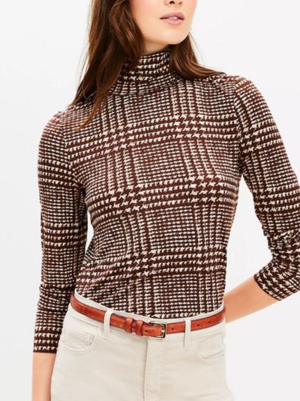Loft Classic Brown Houndstooth Mock Neck Top - Women size XL